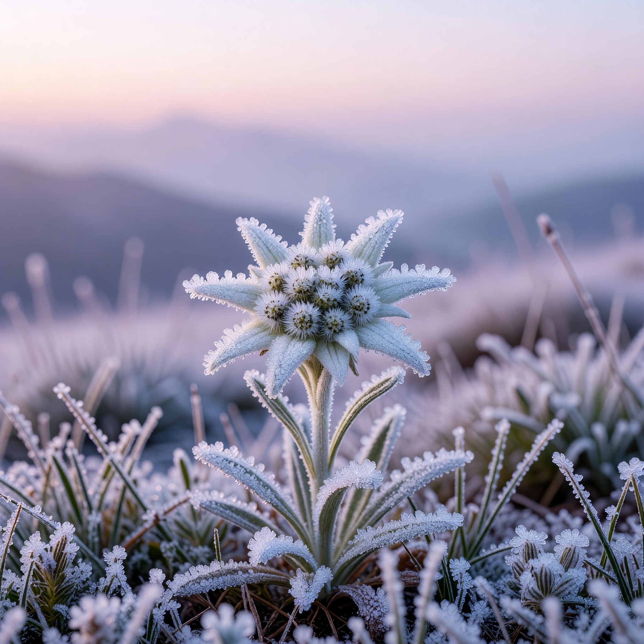 Edelweiss covered in frost — macro photography